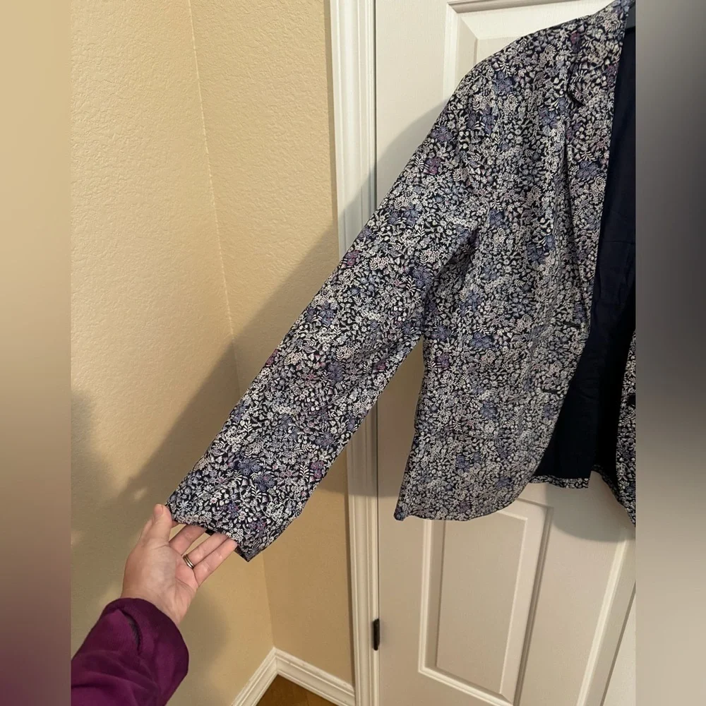 Talbots Tiny Ditsy Blue Floral Cotton Jacket Blazer Notch Collar Size 16